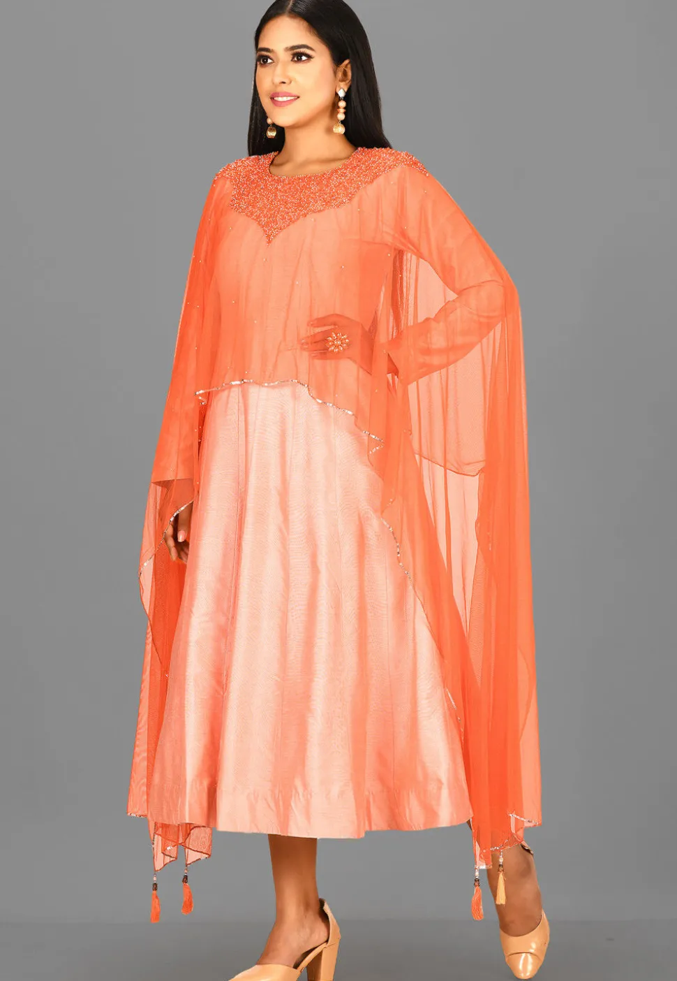 Embellished Cotton Silk Cape Style A Line Kurta in Peach