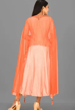 Embellished Cotton Silk Cape Style A Line Kurta in Peach