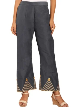 Embellished Cotton Silk Palazzo in Grey