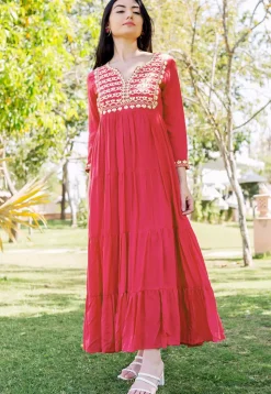 Embellished Cotton Tiered Dress in Fuchsia