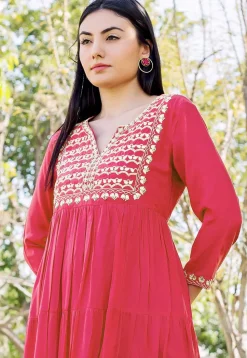 Embellished Cotton Tiered Dress in Fuchsia