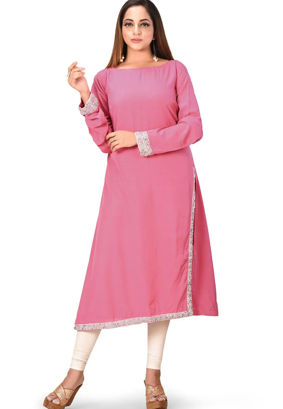 Embellished Crepe Straight Kurta in Pink