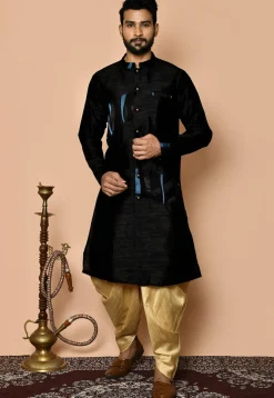 Embellished Dupion Silk Kurta Dhoti Set in Black