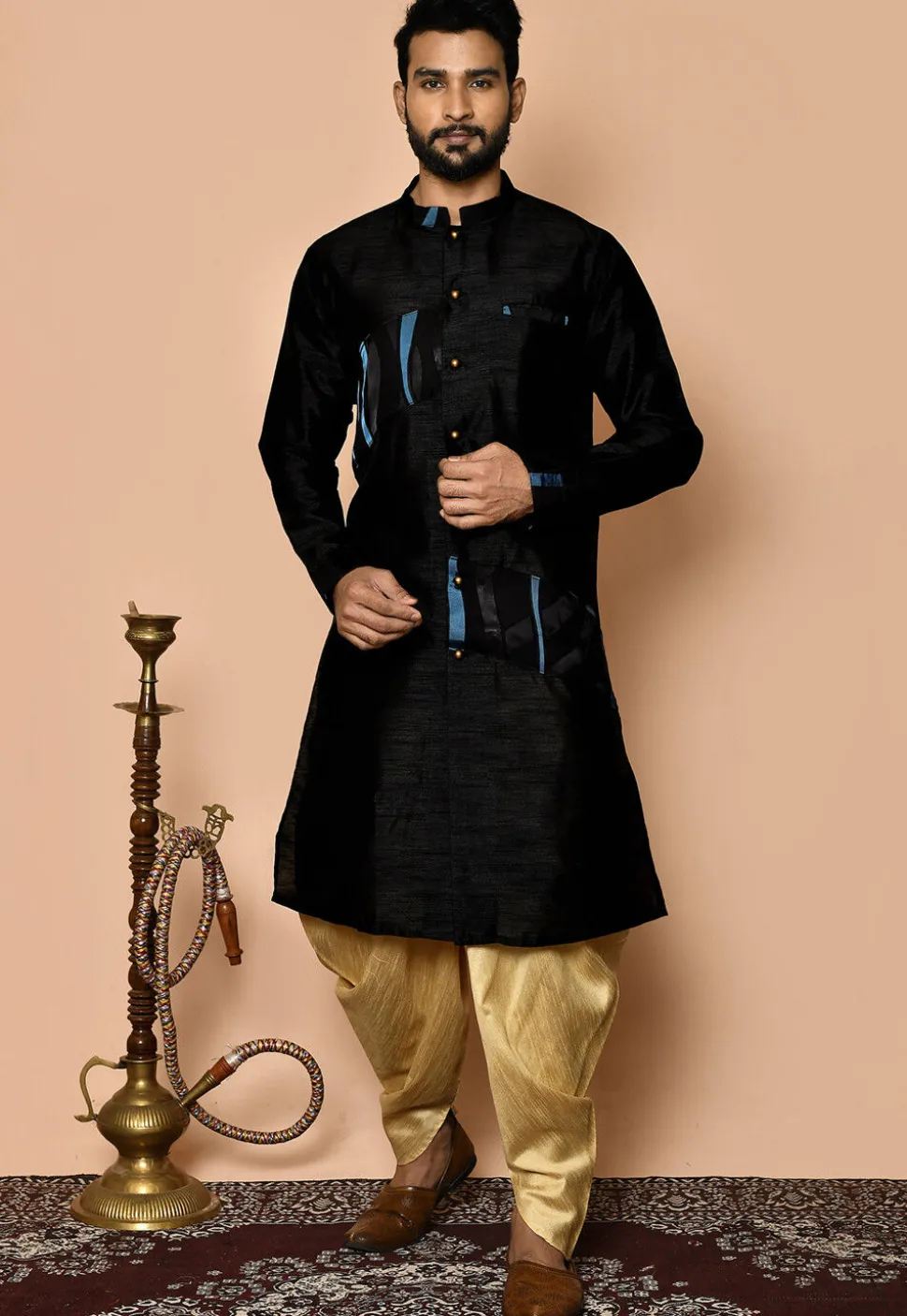 Embellished Dupion Silk Kurta Dhoti Set in Black