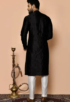 Embellished Dupion Silk Kurta Dhoti Set in Black