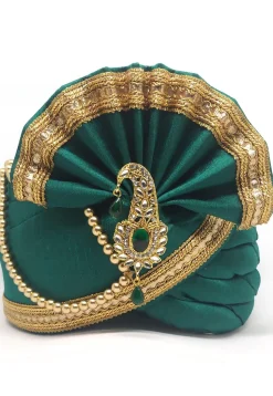 Embellished Dupion Silk Turban in Teal Green