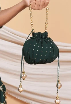 Embellished Geogrette Potli Bag in Dark Green