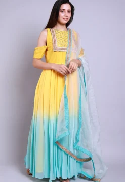 Embellished Georgette Abaya Style Suit in Yellow and Blue