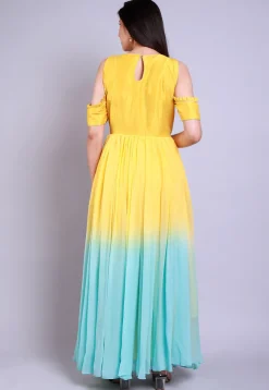 Embellished Georgette Abaya Style Suit in Yellow and Blue