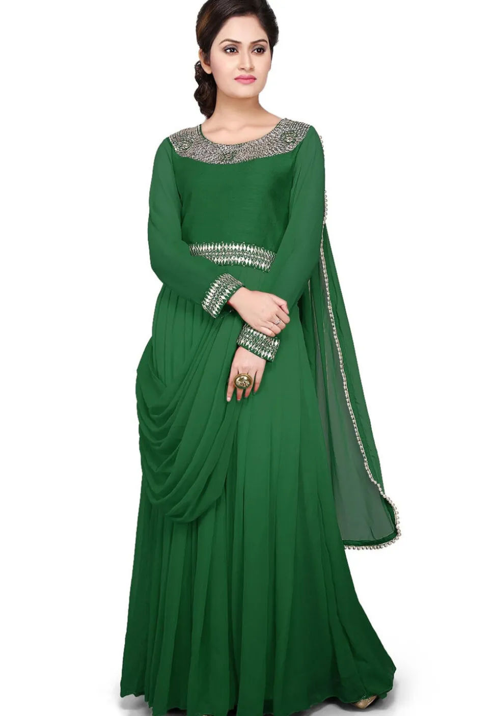 Embellished Georgette Long Gown in Dark Green