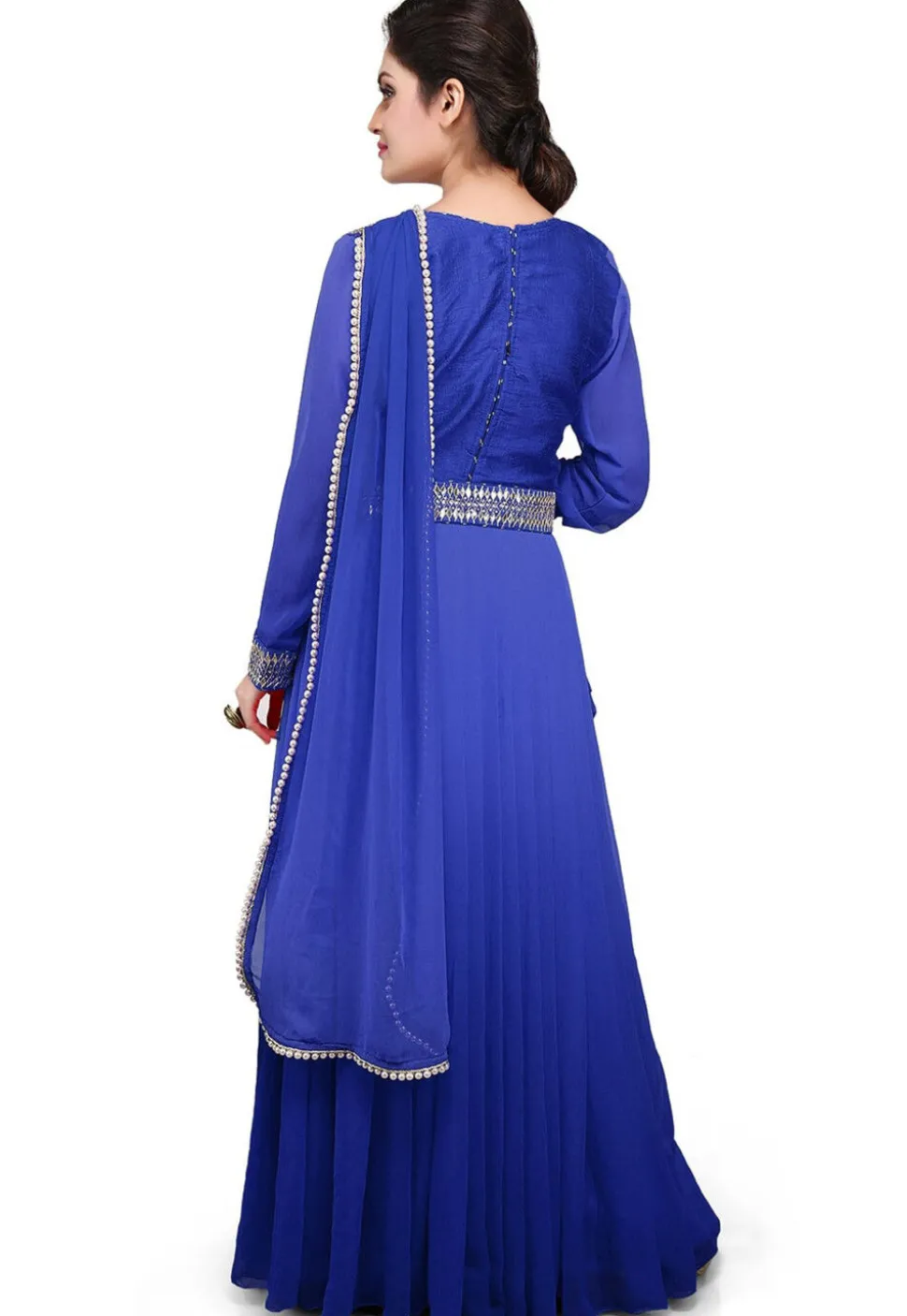 Embellished Georgette Long Gown in Shaded Blue