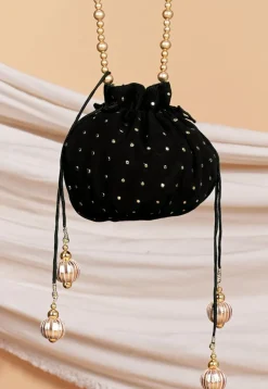 Embellished Georgette Potli Bag in Black