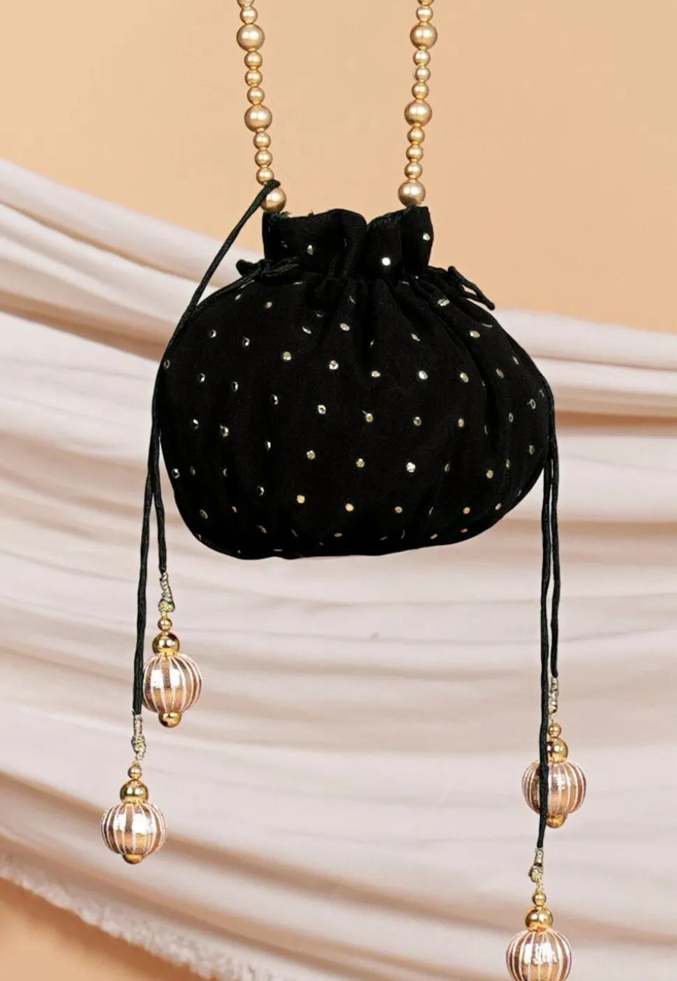 Embellished Georgette Potli Bag in Black