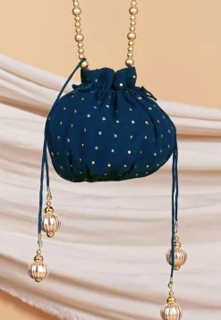Embellished Georgette Potli Bag in Teal Blue