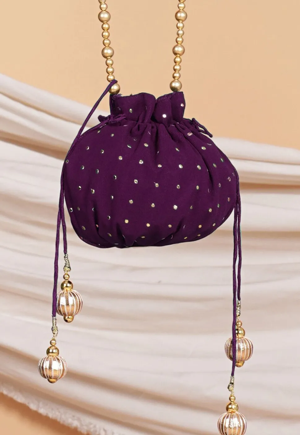 Embellished Georgette Potli Bag in Purple