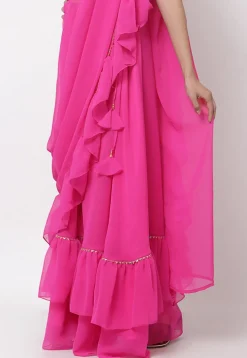 Embellished Georgette Ruffled Skirt with Attached Dupatta in Fuchsia