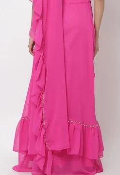 Embellished Georgette Ruffled Skirt with Attached Dupatta in Fuchsia