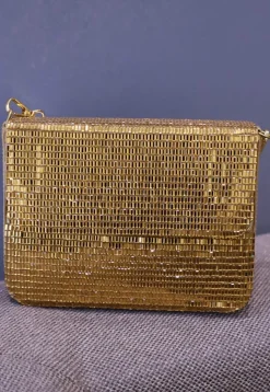 Embellished Leather Rectangular Clutch Bag in Copper