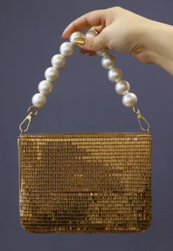 Embellished Leather Rectangular Clutch Bag in Copper