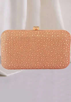 Embellished Lycra Net Rectangular Clutch Bag in Rose Gold