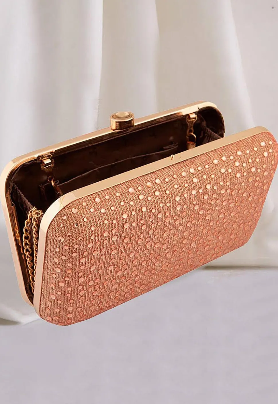 Embellished Lycra Net Rectangular Clutch Bag in Rose Gold