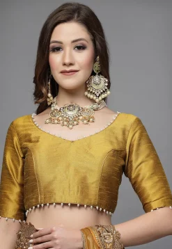 Embellished Neckline Art Silk Blouse in Mustard