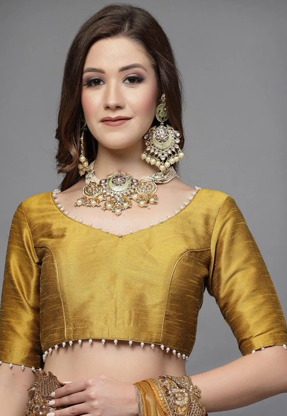 Embellished Neckline Art Silk Blouse in Mustard