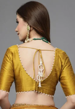 Embellished Neckline Art Silk Blouse in Mustard