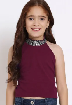 Embellished Neckline Georgette Lycra (Elastane) Crop Top in Wine