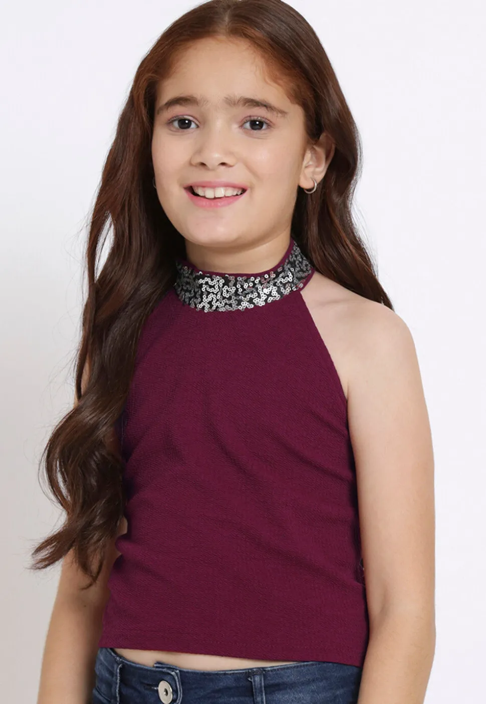 Embellished Neckline Georgette Lycra (Elastane) Crop Top in Wine
