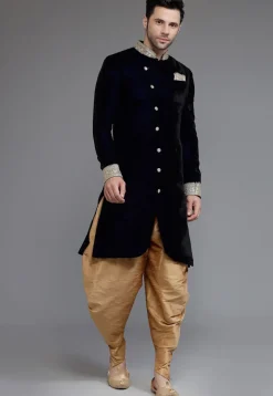 Embellished Neckline Velvet Sherwani in Navy Blue