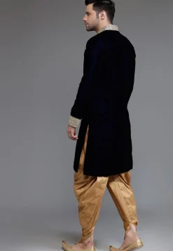 Embellished Neckline Velvet Sherwani in Navy Blue