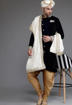 Embellished Neckline Velvet Sherwani in Navy Blue