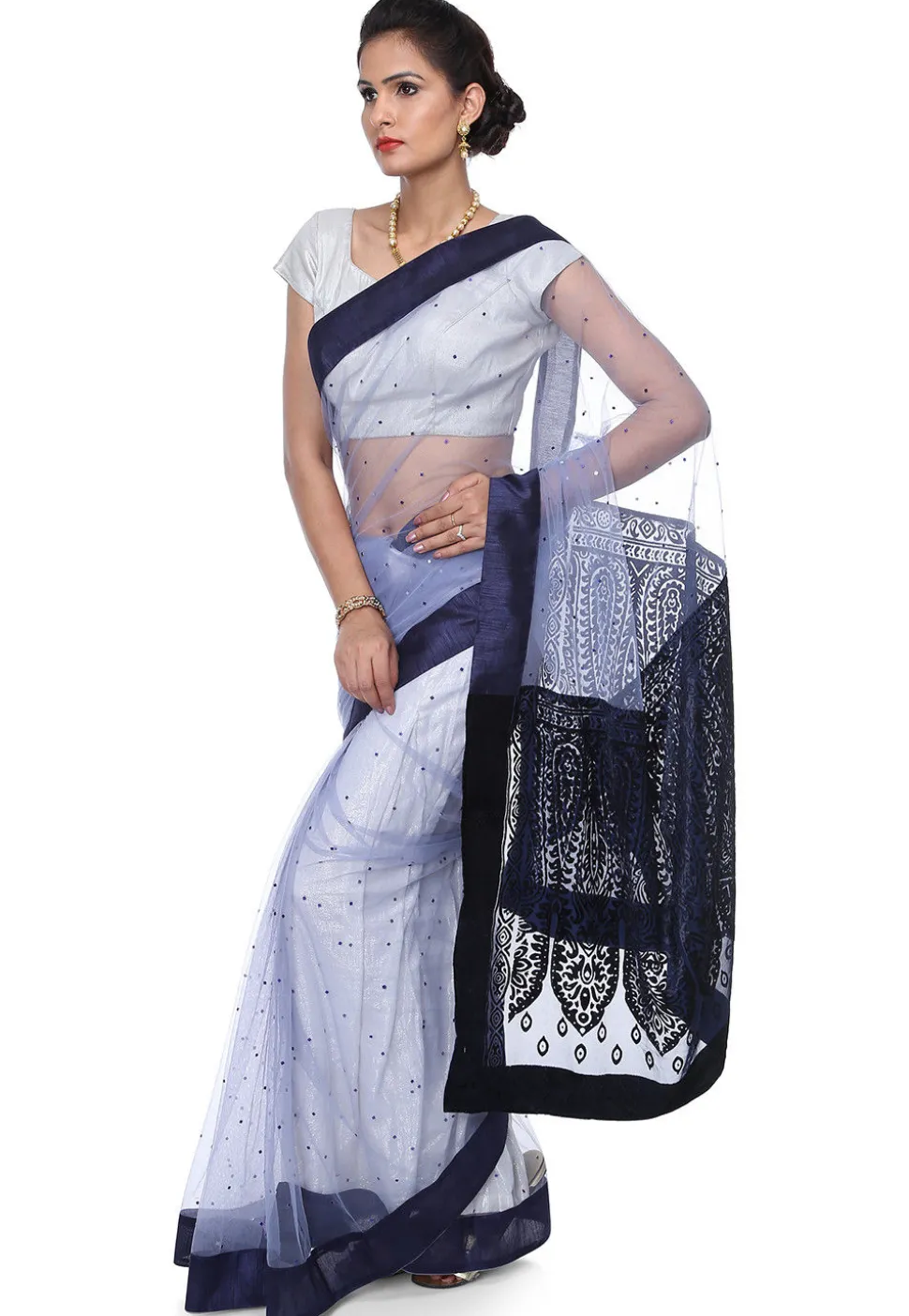 Embellished Net Brasso Saree in Light Grey