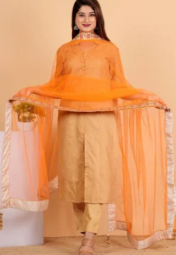 Embellished Net Dupatta in Orange