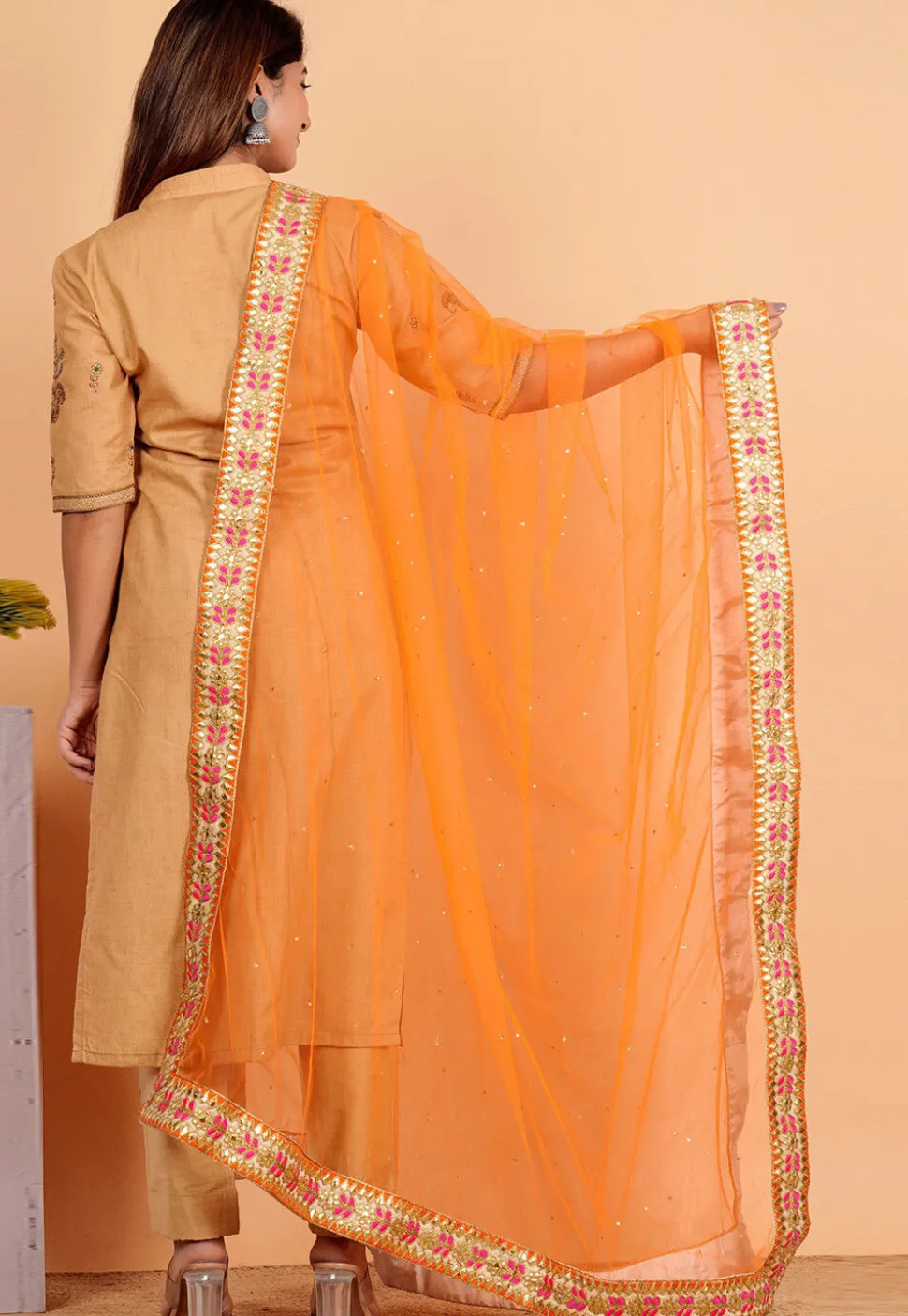 Embellished Net Dupatta in Orange