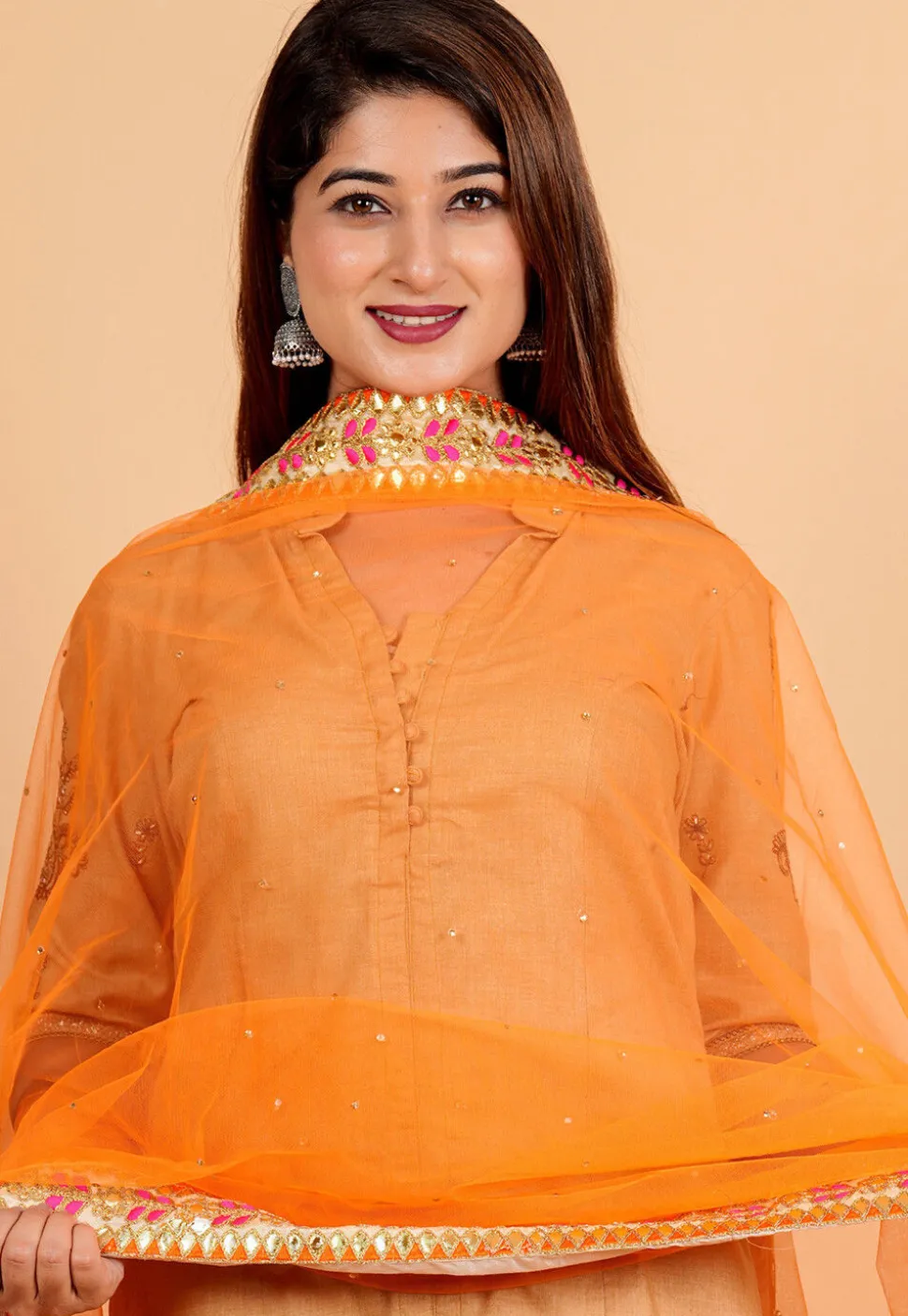 Embellished Net Dupatta in Orange