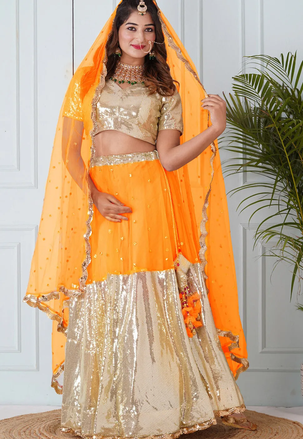 Embellished Net Dupatta in Mustard