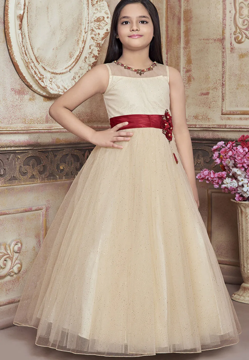 Embellished Net Gown in Cream