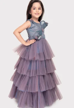 Embellished Net Gown in Dusty Blue and Purple