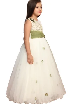 Embellished Net Gown in Off White and Green