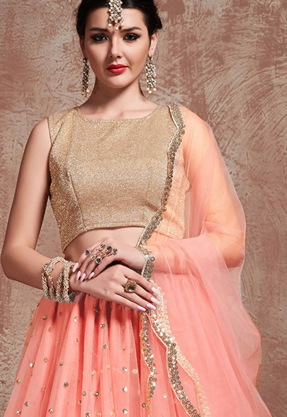 Embellished Net Lehenga in Peach