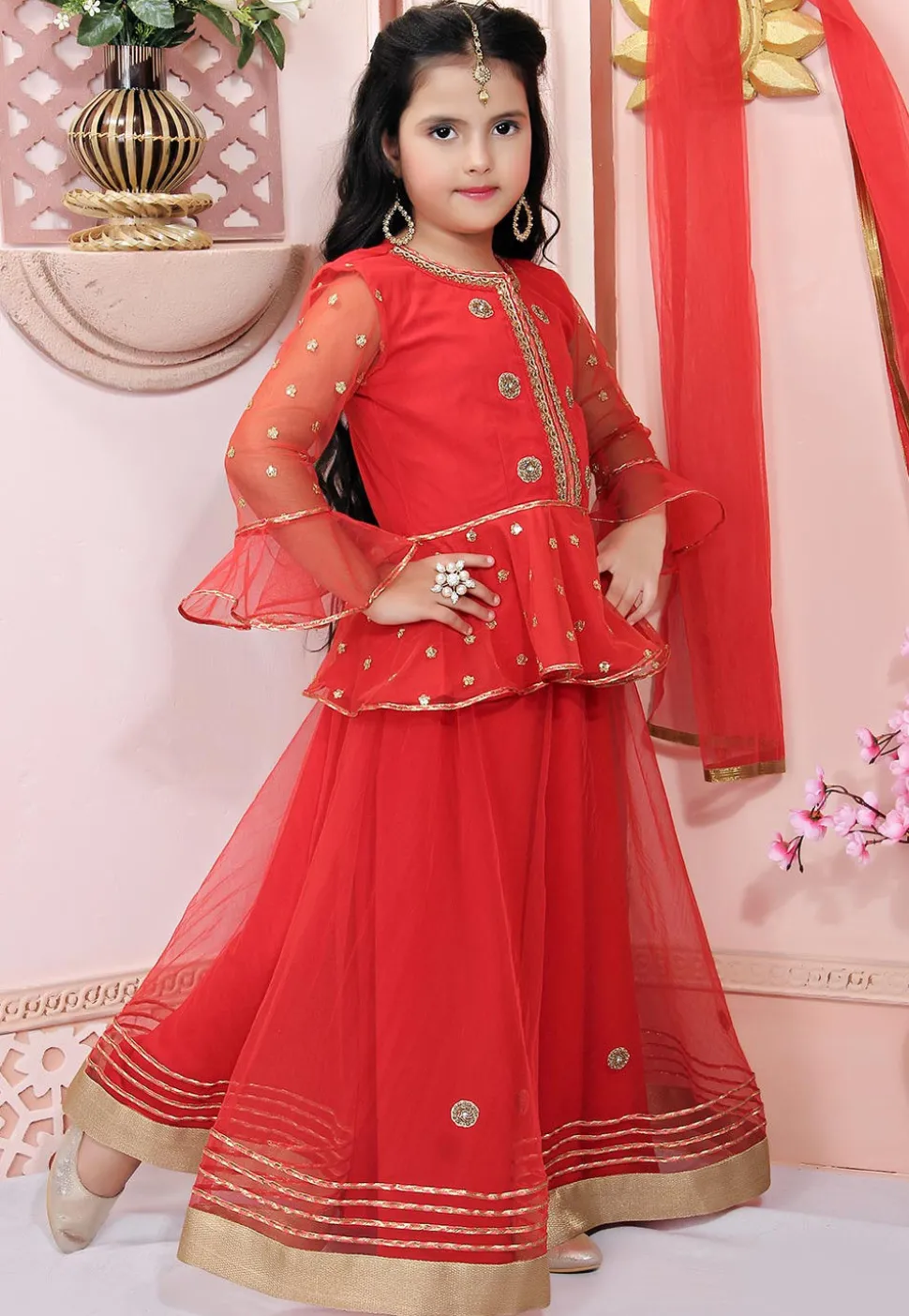 Embellished Net Lehenga in Red