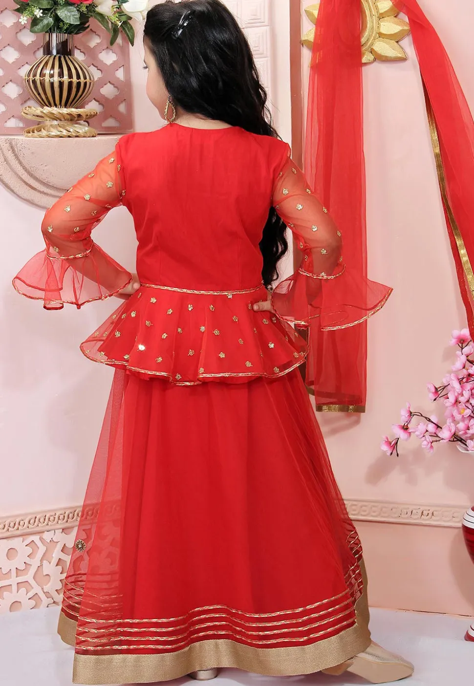 Embellished Net Lehenga in Red