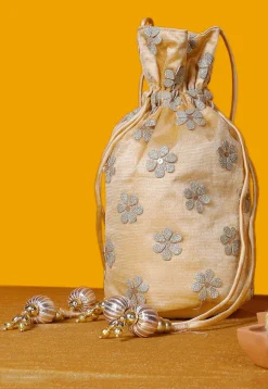 Embellished Net Shimmer Potli Bag in Beige