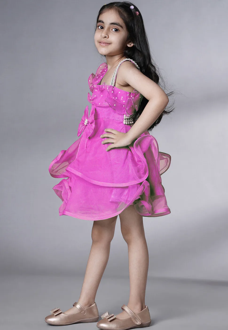 Embellished Organza Dress in Fuchsia