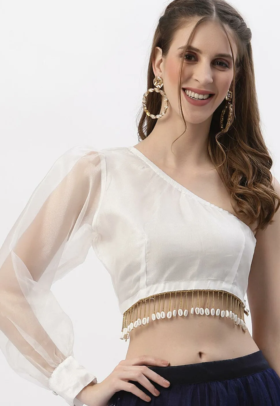 Embellished Organza One Shoulder Crop Top in White