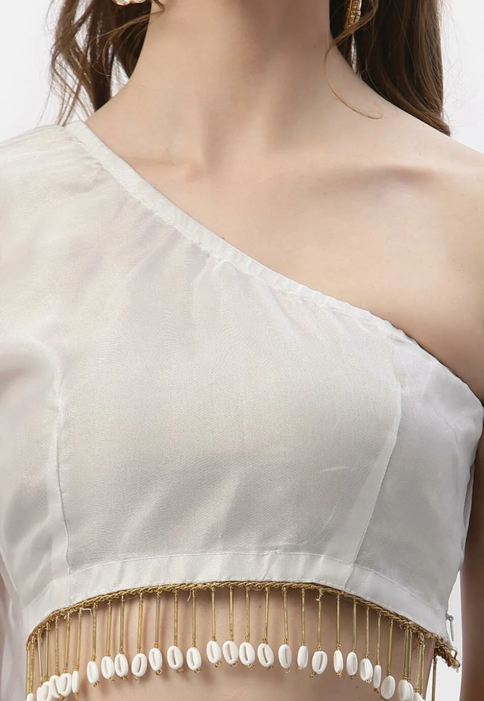 Embellished Organza One Shoulder Crop Top in White