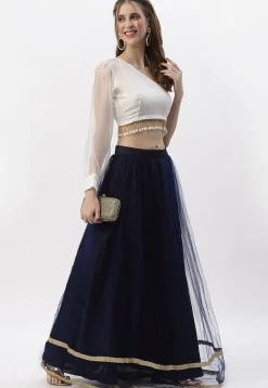 Embellished Organza One Shoulder Crop Top in White