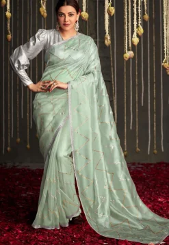 Embellished Organza Saree in Sea Green